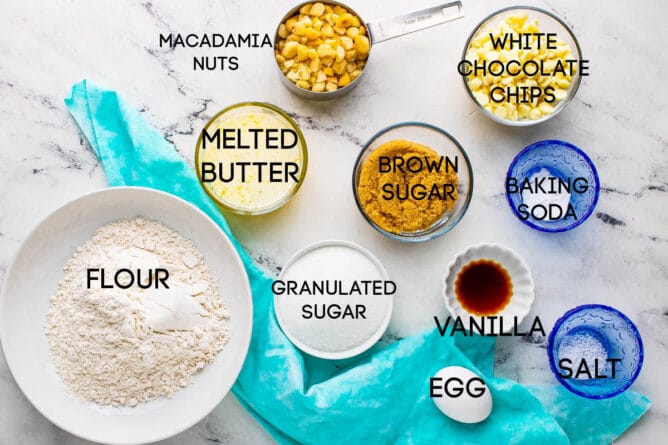 Overhead shot of the ingredients to make white chocolate macadamia nut cookies