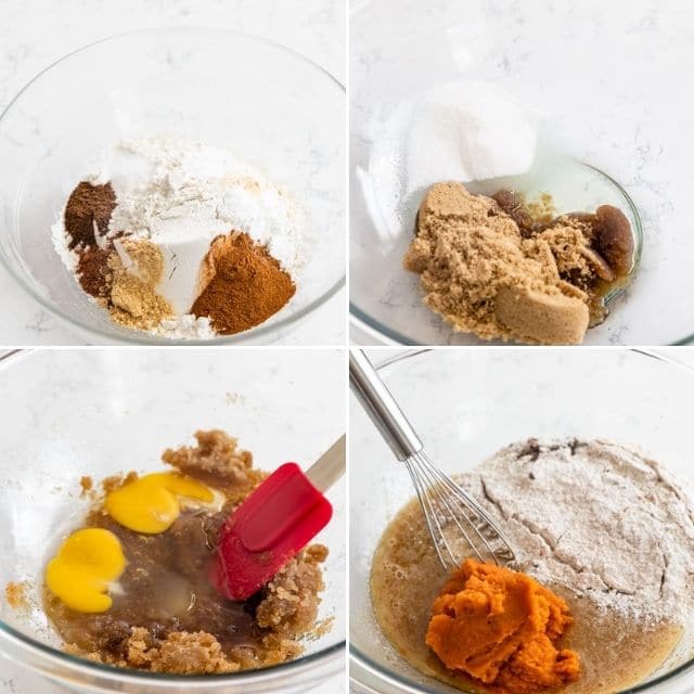 Four photos showing ingredients and process of making pumpkin cupcake batter