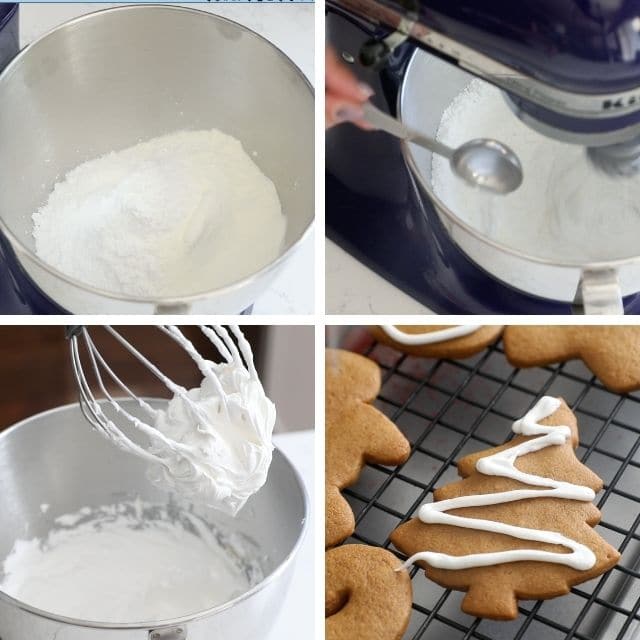 collage of 4 photos with powdered sugar in bowl, mixing icing, finished icing and icing on cookie