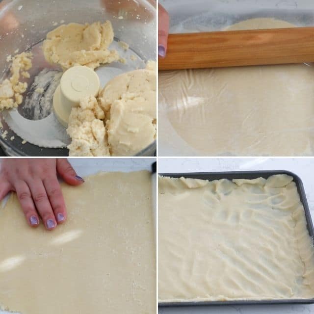 collage of 4 photos making pie dough for slab pie