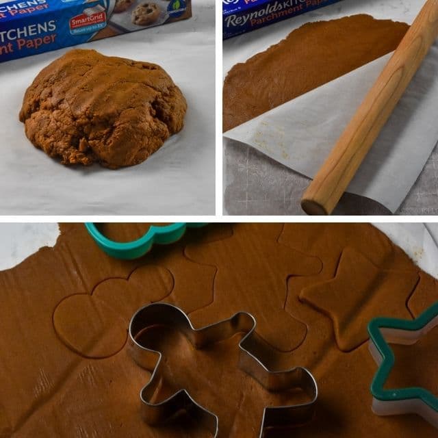 3 photo collage showing dough, dough with parchment paper on top and dough rolled out with cookie cutters