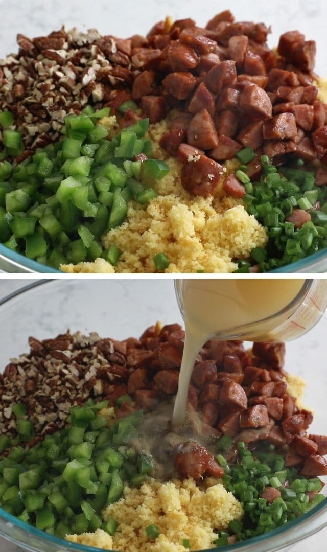 Two photos showing the process of making cornbread stuffing