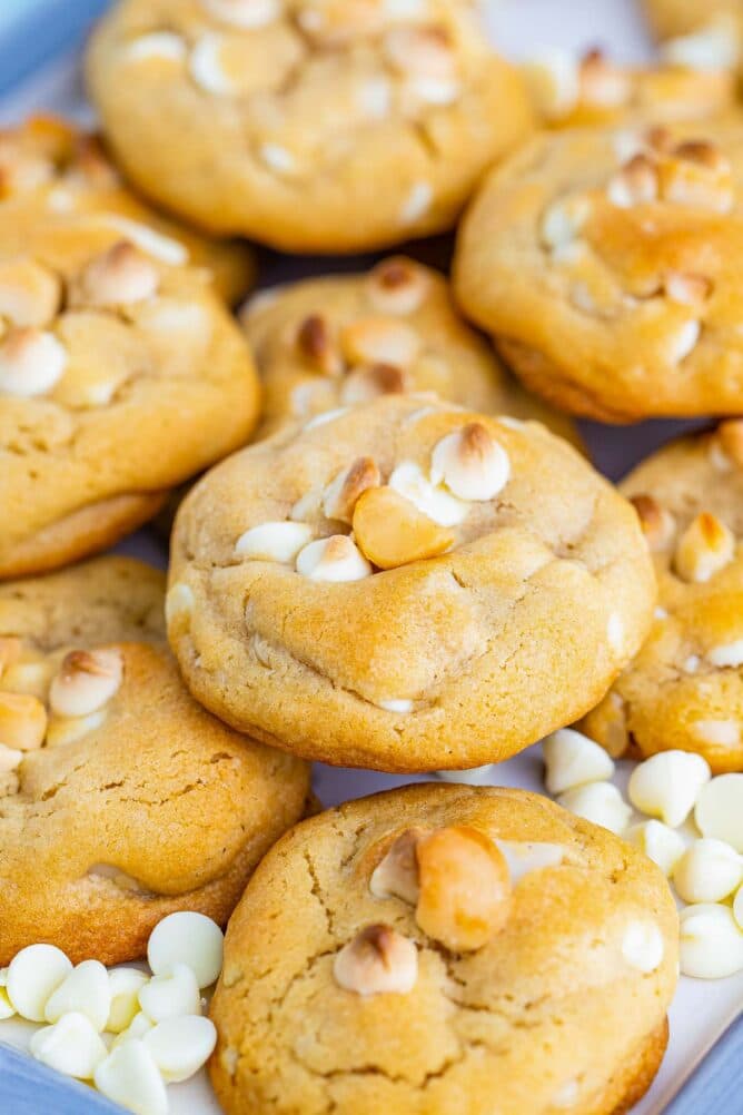 White chocolate macadamia nut cookies with white chocolate chips around