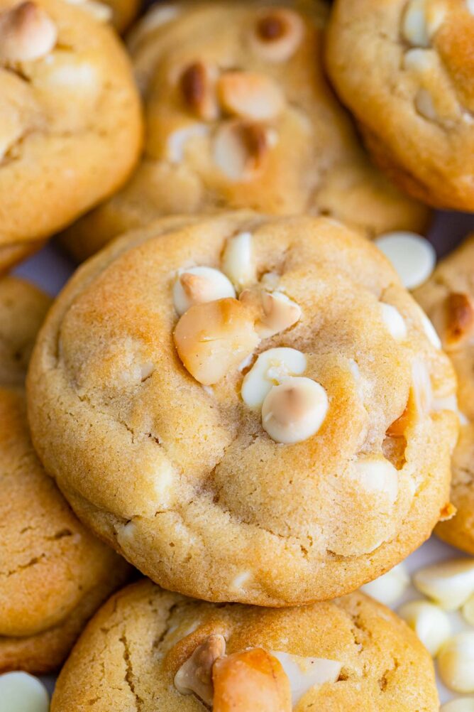 Close up shot of white chocolate macadamia nut cookies