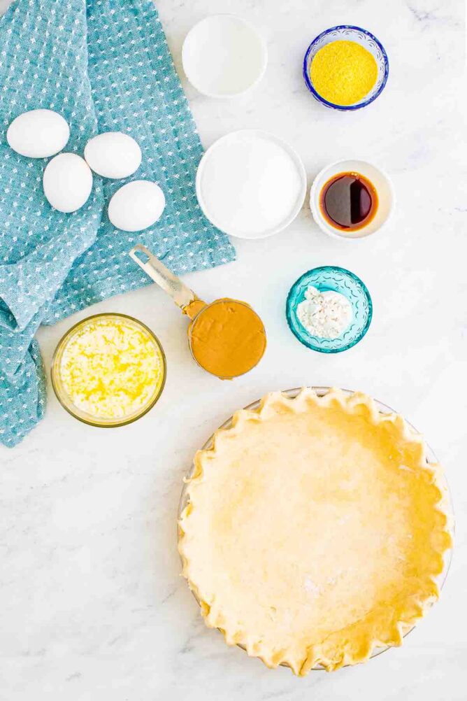 Overhead shot of the ingredients used to make peanut butter chess pie