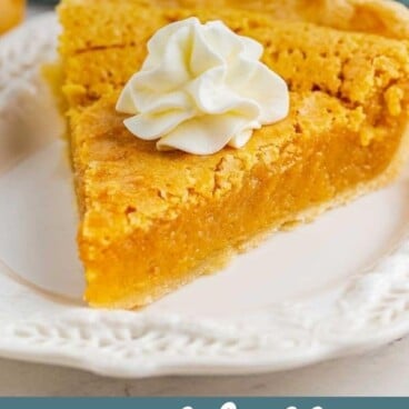One slice of peanut butter chess pie with whipped cream on top and recipe title on bottom of photo