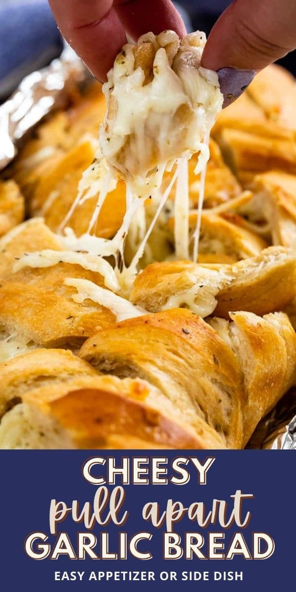 hand pulling cheesy pull apart bread with words on photo