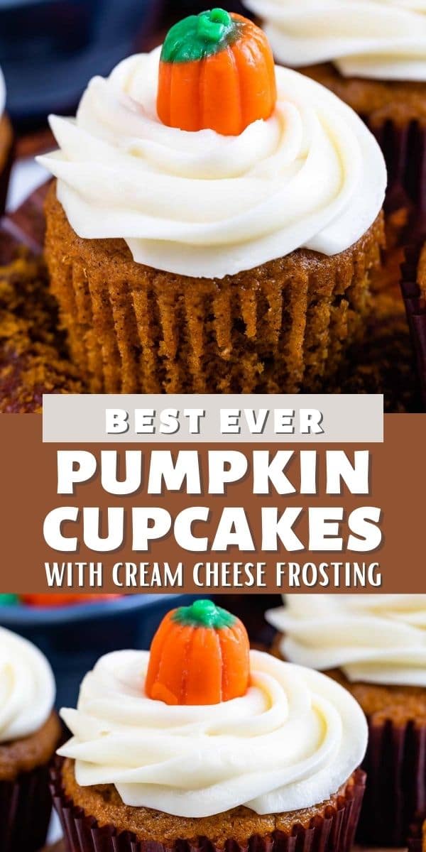 Photo collage of pumpkin cupcakes with recipe title in the middle