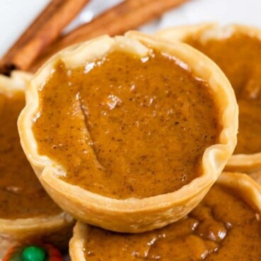 Overhead view of mini pumpkin pies on a plate with recipe title on top of photo
