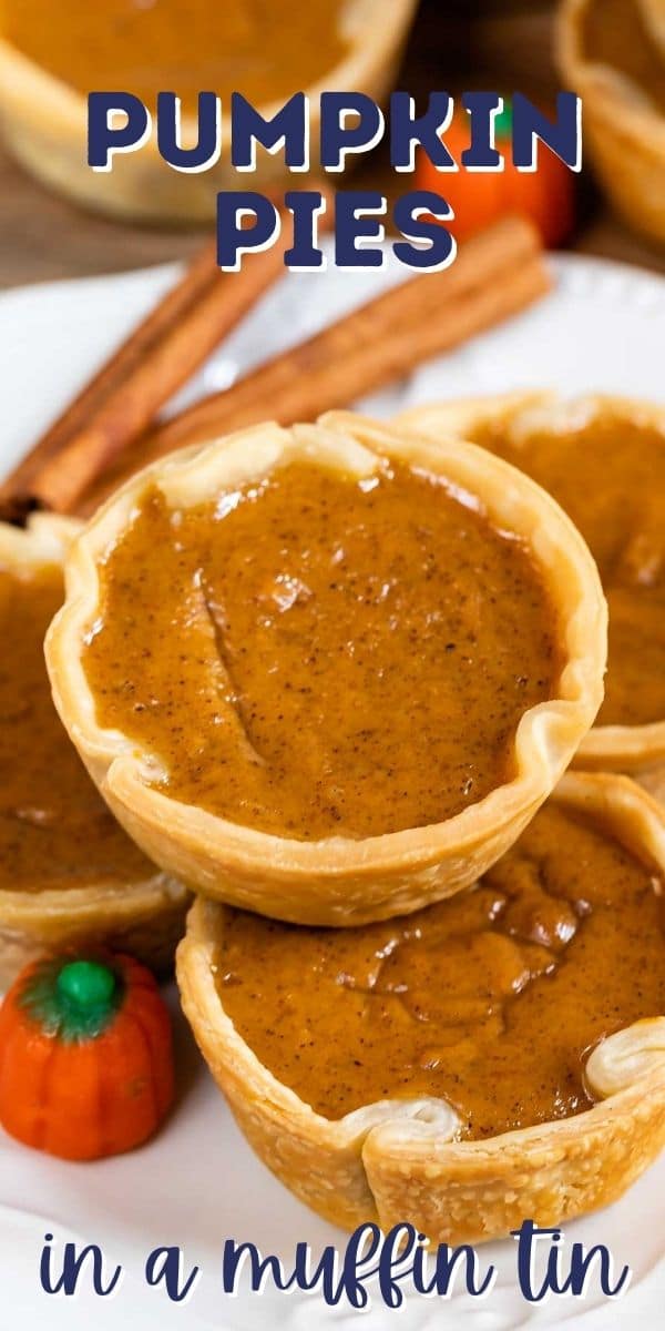 Overhead view of mini pumpkin pies on a plate with recipe title on top of photo