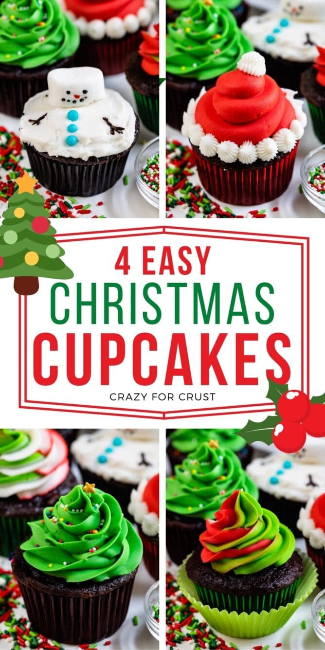 collage of 4 christmas cupcake photos with words in center of photo