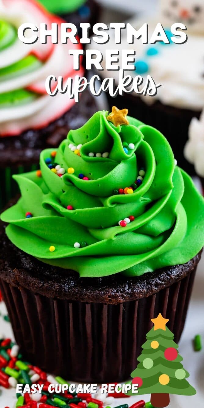 christmas tree cupcake with brown wrapper and green frosting