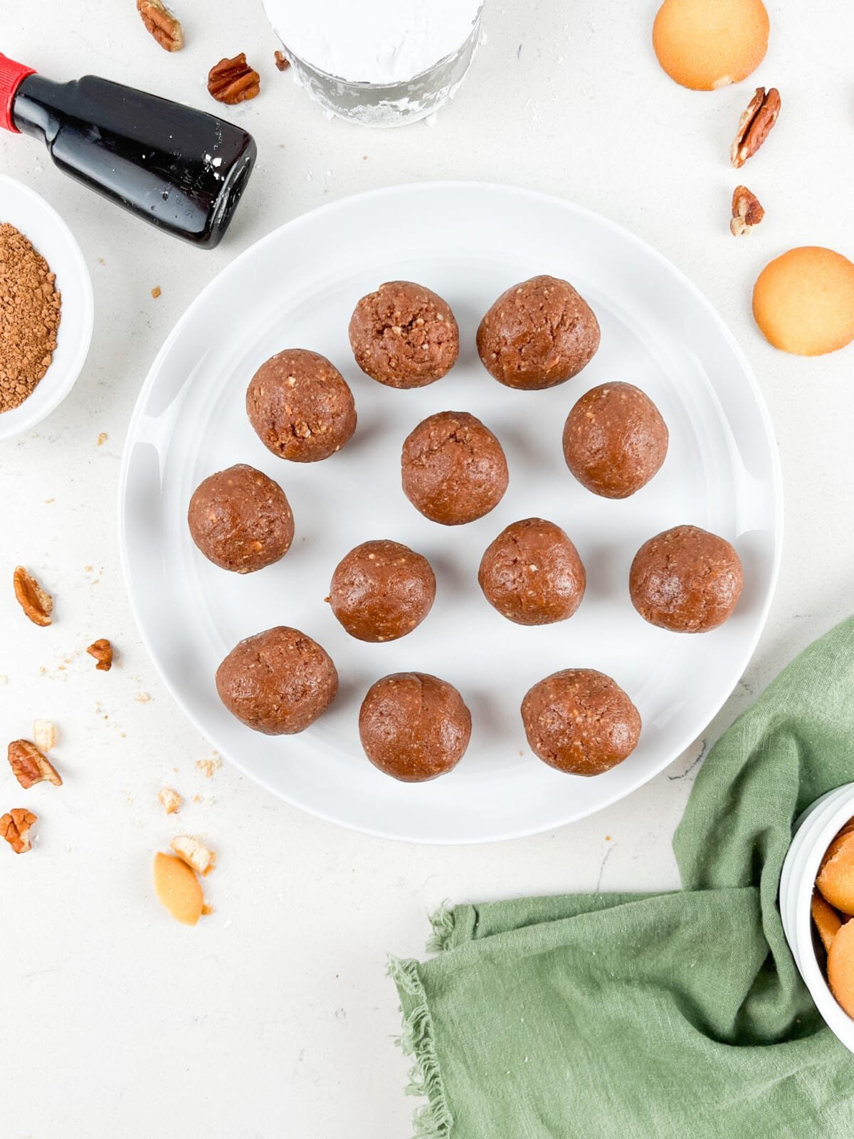 rum balls on white plate.