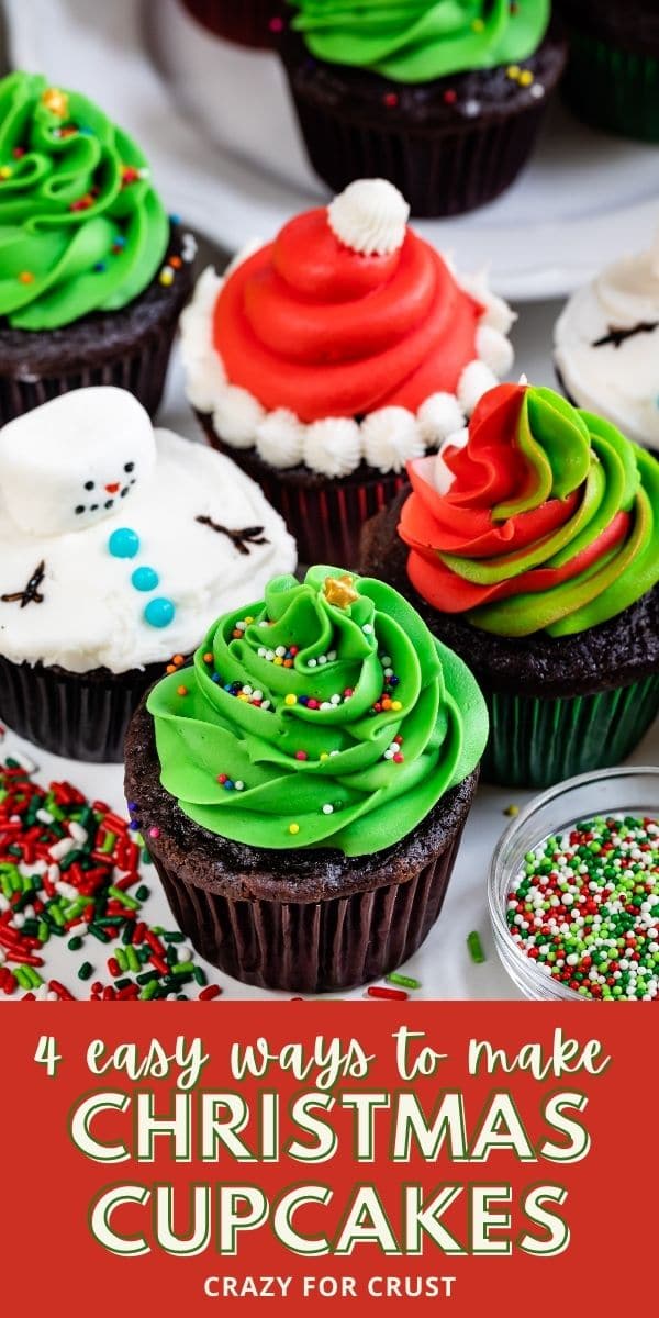 4 cupcakes decorated for christmas: snowman, Santa, swirled frosting, tree with words on photo