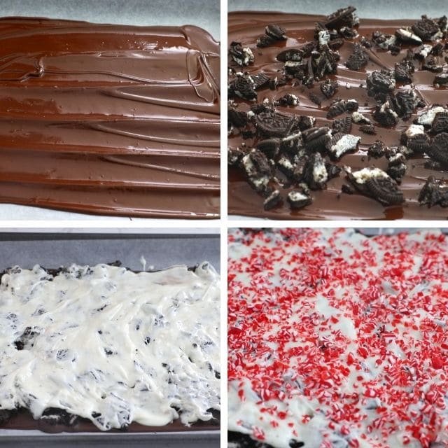 Four photos showing process of making Oreo peppermint bark