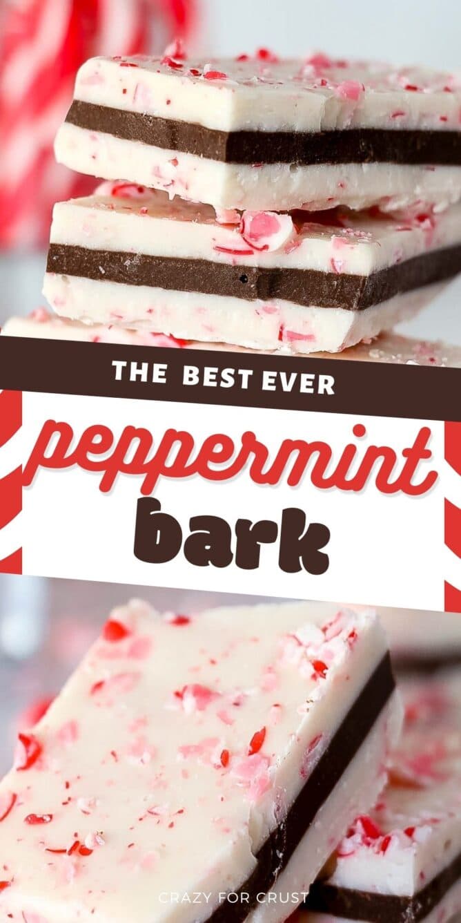 Collage of peppermint bark pieces with recipe title in middle of photos