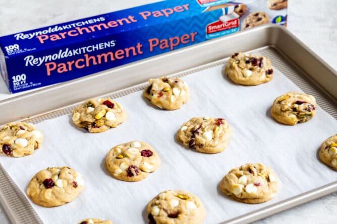 cookies on cookie sheet with parchment paper box