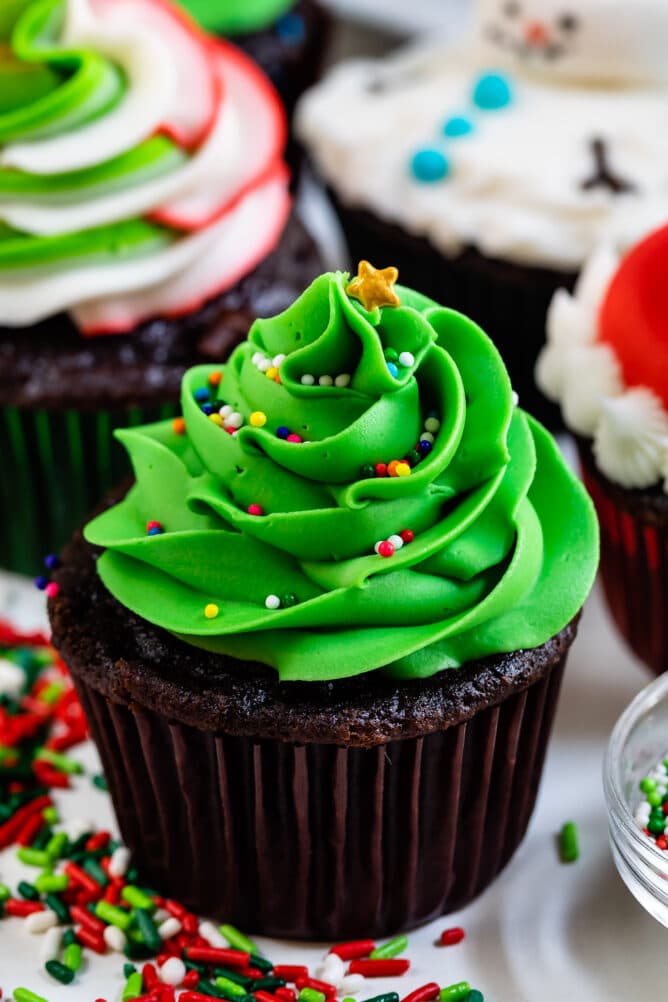 christmas tree cupcake with brown wrapper and green frosting