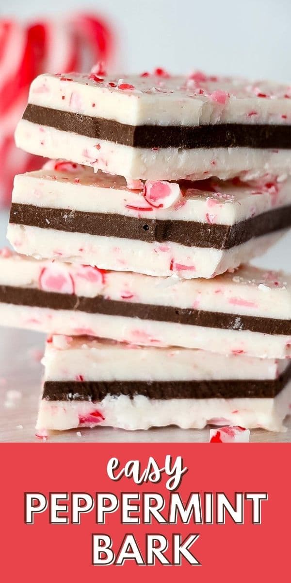 Peppermint bark pieces stacked high with recipe title on bottom of photo