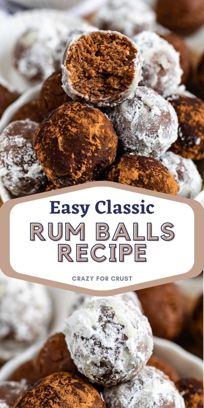 Photo collage of rum balls with recipe title in the middle of two photos