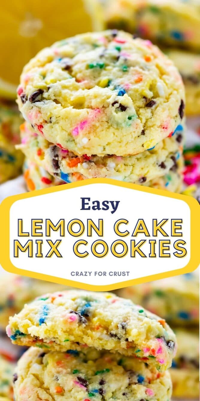 Photo collage of lemon cake mix cookies with recipe title in between the photos