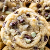 Group of mint chip cookies with recipe title on top of image