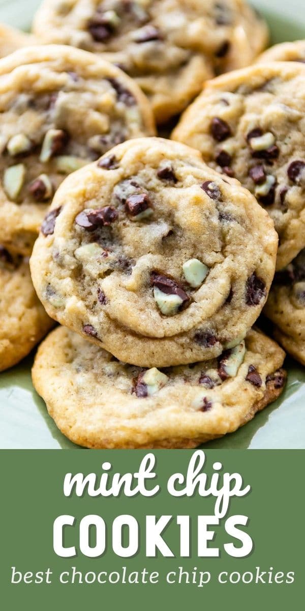 Group of mint chip cookies with recipe title on bottom of image