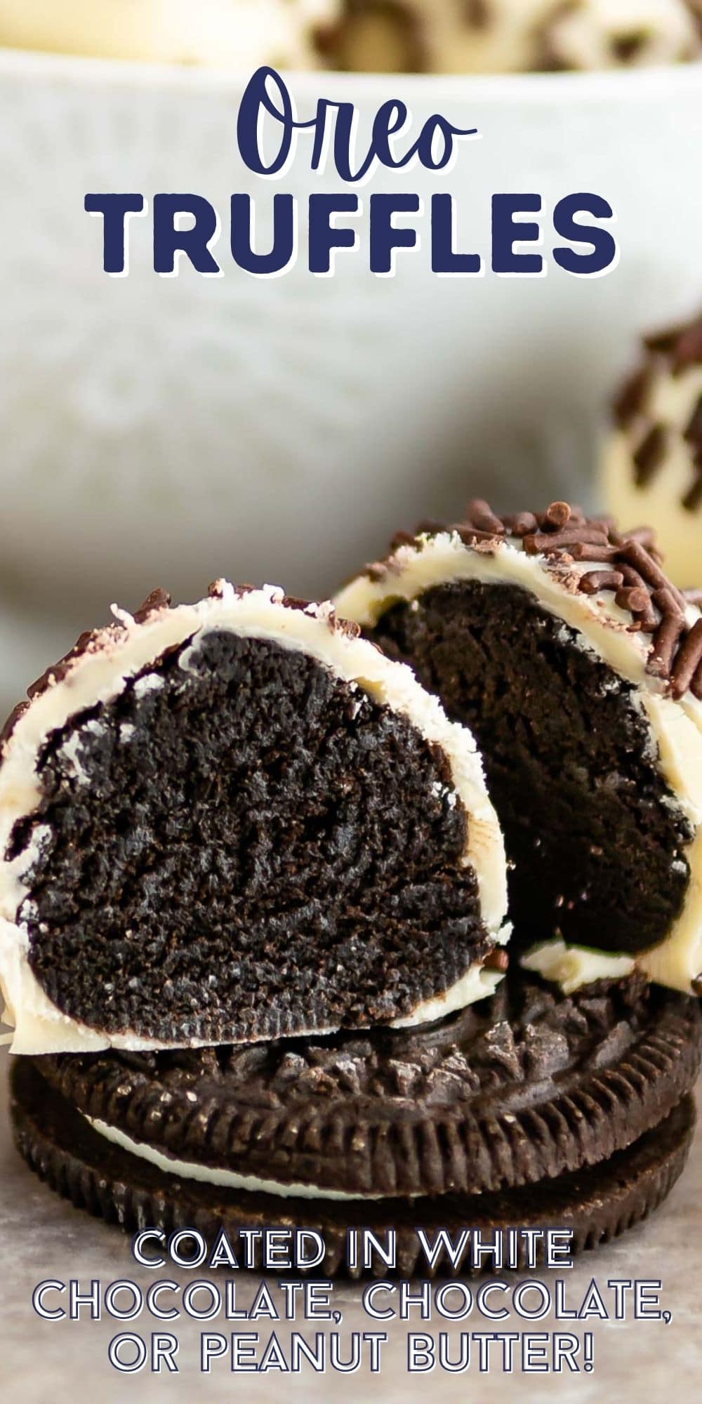 Oreo truffle cut in half sitting on top of an Oreo with recipe title on top of photo