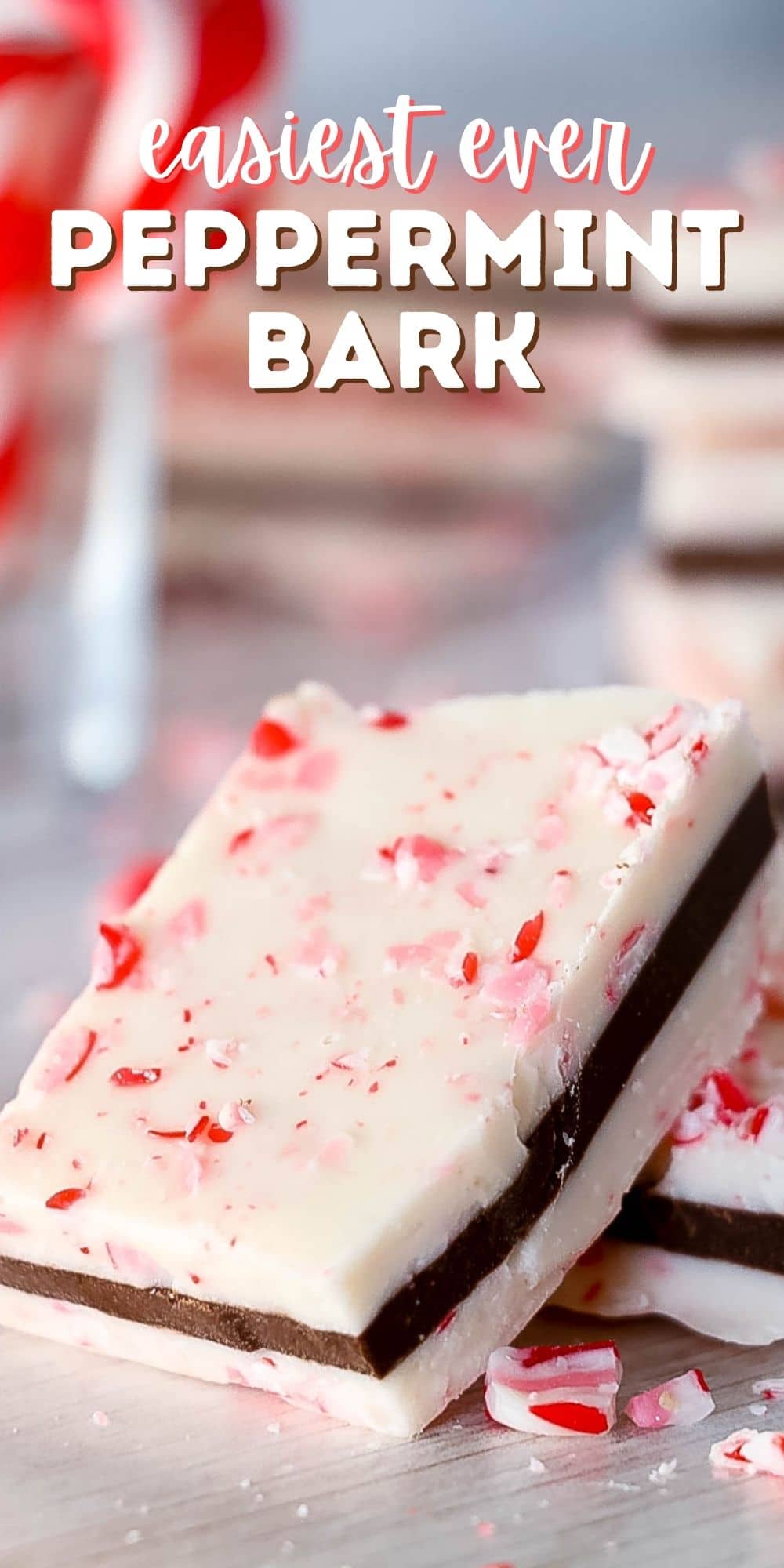 Close up of one peppermint bark piece with recipe title on top of image