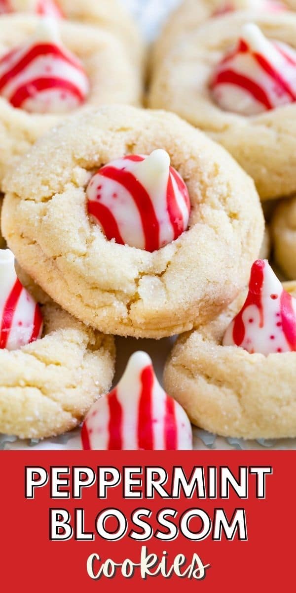 Peppermint blossom cookies with recipe title on bottom of photo in a red color block