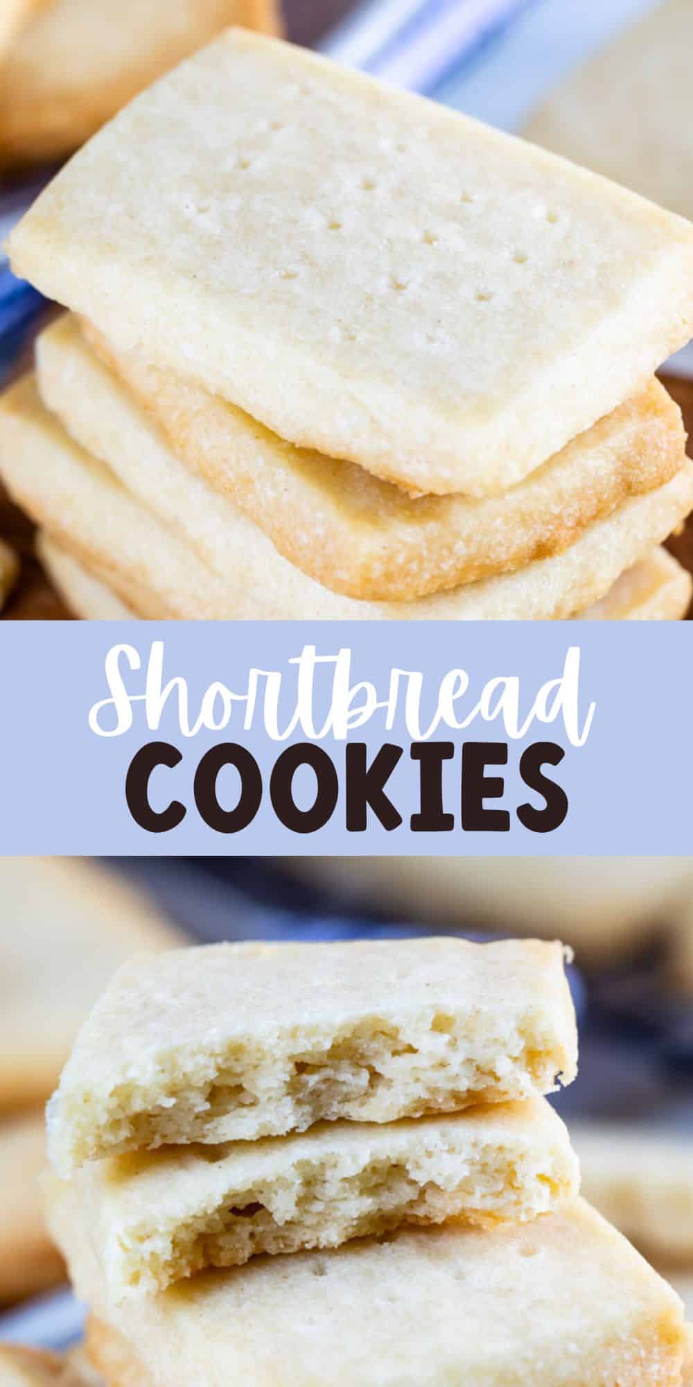 stack of shortbread cookies on wood cutting board and a second photo with a stack of cookies that has one cut in half on top showing the inside.