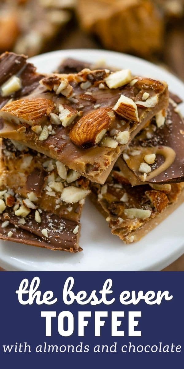 Toffee pieces stacked on a white serving plate with recipe title on bottom of image
