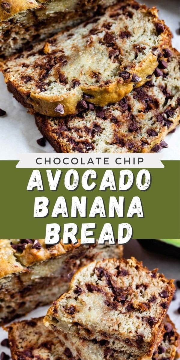 Photo collage showing avocado banana bread with recipe title in between two photos