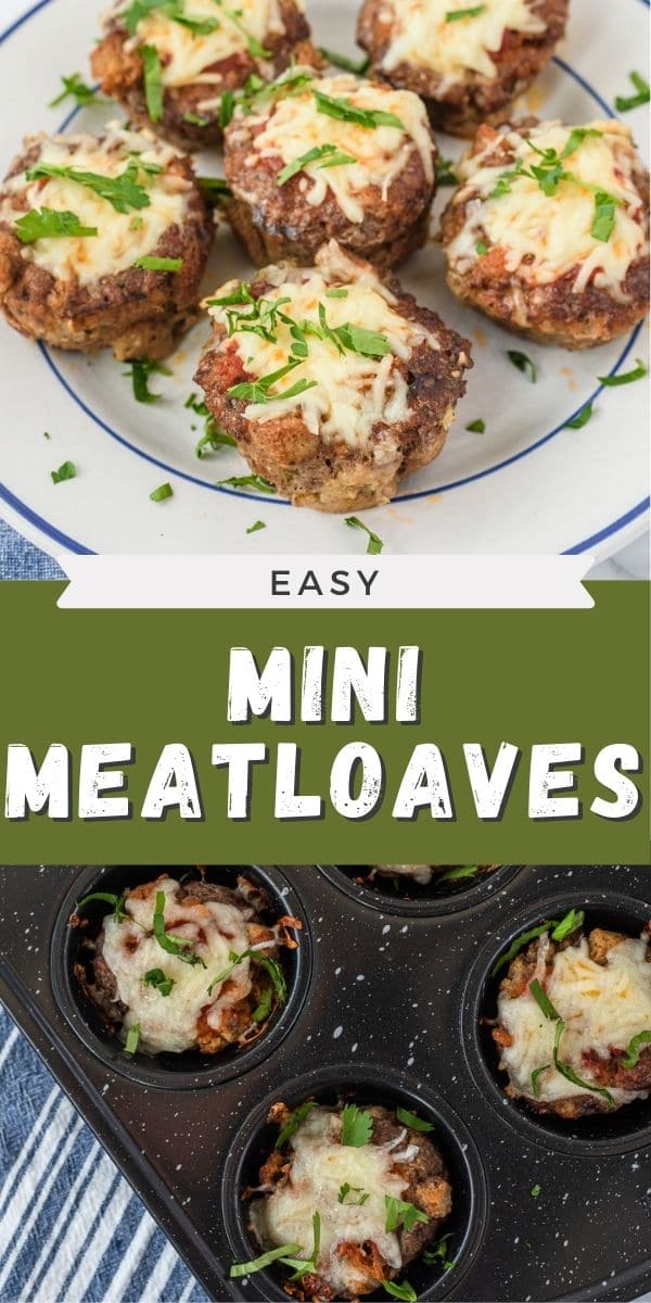 Photo collage of mini meatloaf muffins with recipe title in middle of photos