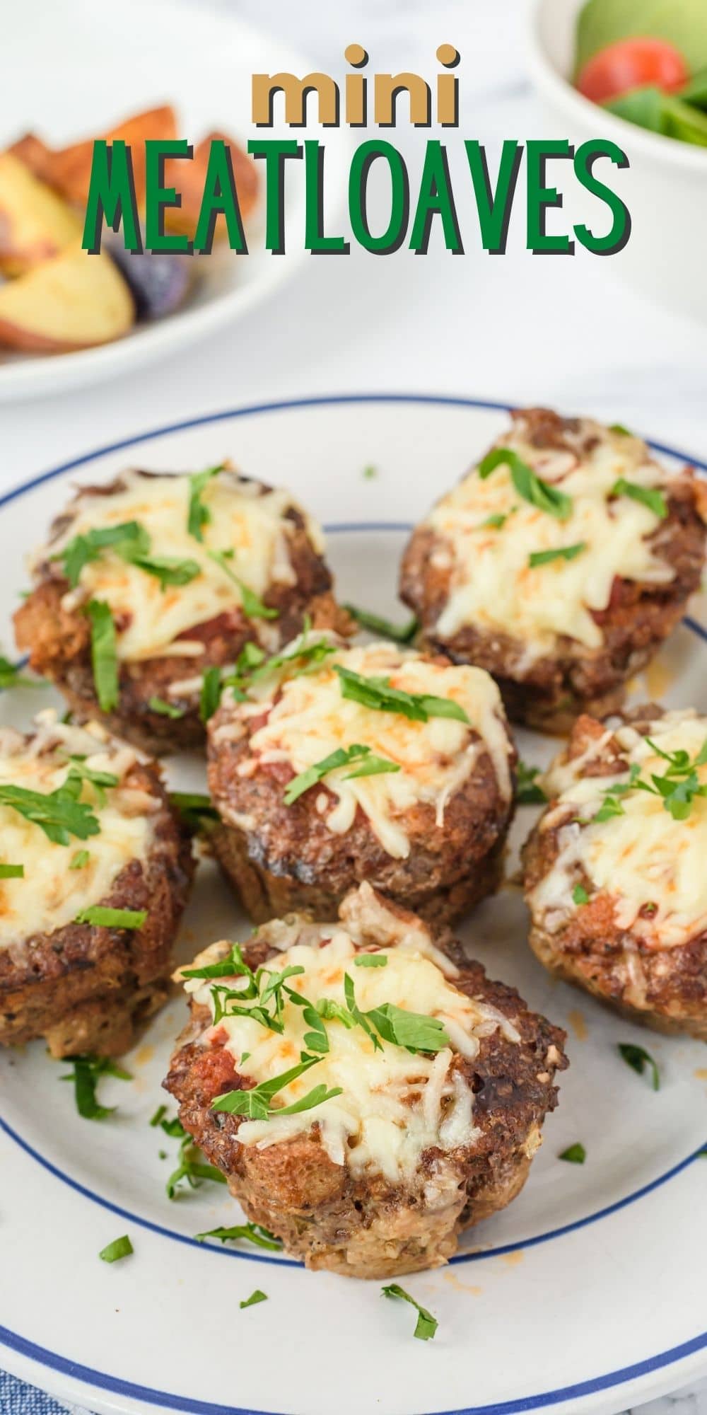 Six mini meatloaves on a plate with cheese on top and recipe title on top of image