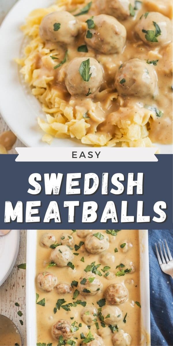 Photo collage showing swedish meatballs over egg noodles with recipe title in middle of two photos