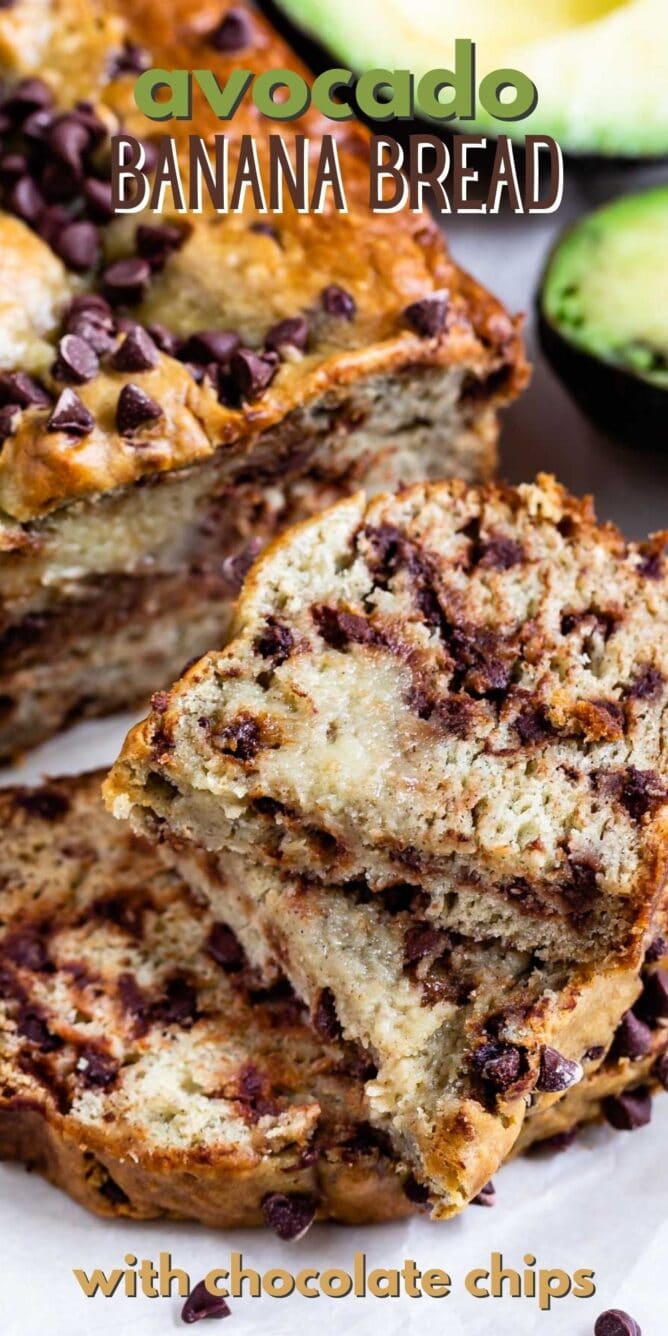 Avocado banana bread loaf cut into slices with recipe title on top of image