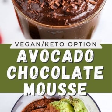 Photo collage showing avocado chocolate mousse with recipe title in middle of two photos