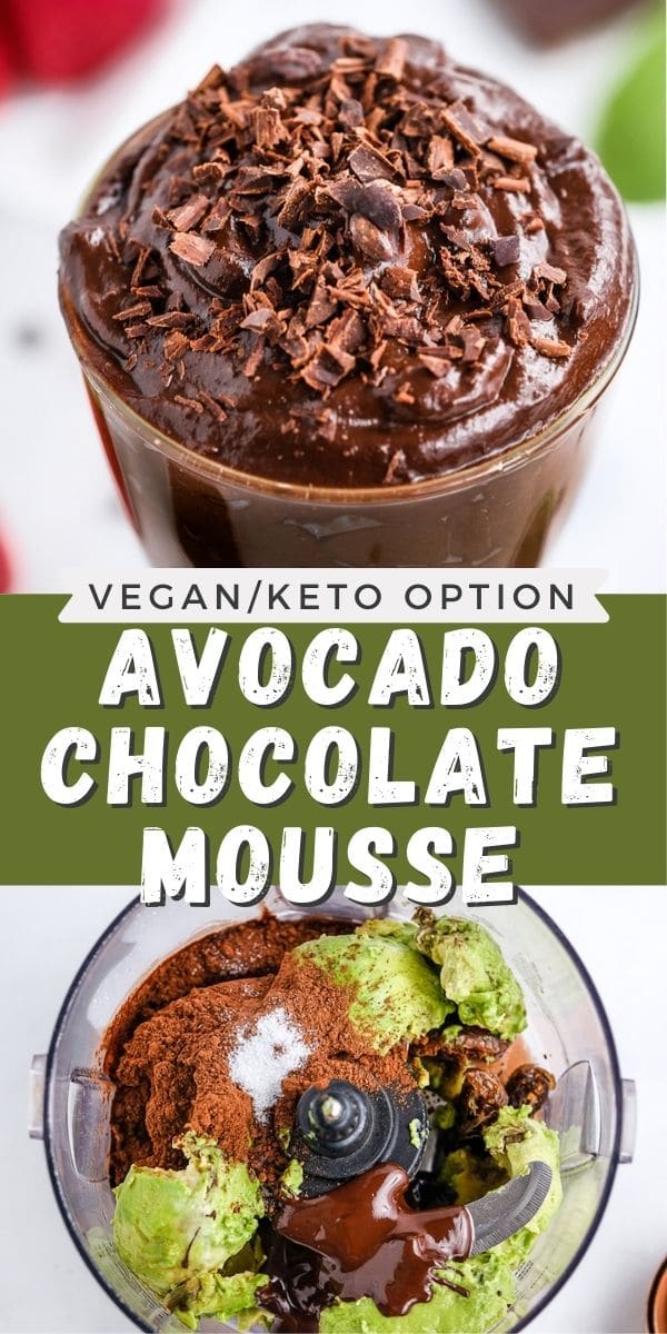 Photo collage showing avocado chocolate mousse with recipe title in middle of two photos