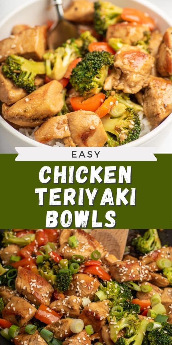 Collage of photos showing teriyaki chicken bowls with recipe title in middle of the photos