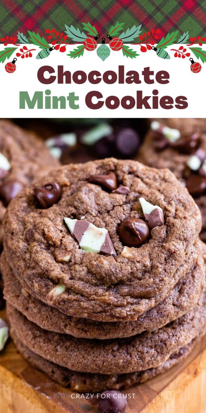 Overhead view of double chocolate mint cookies stacked high with recipe title and holiday pattern on top of photo