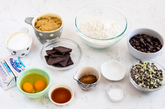 Double chocolate mint cookie ingredients all measured and laid out on counter