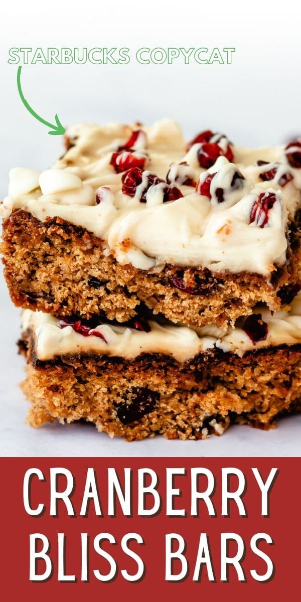 Cranberry bliss bars stacked on eachother with recipe title on bottom of image