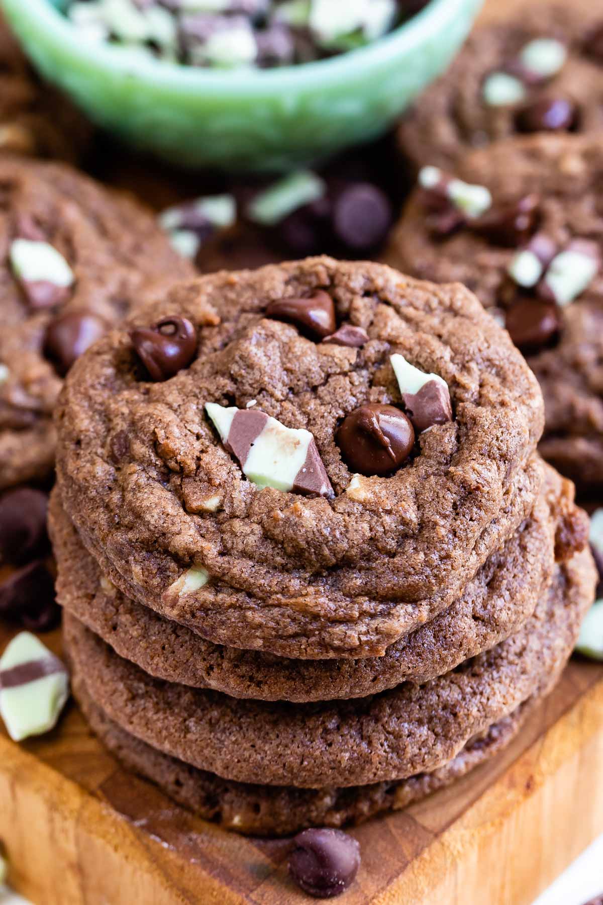 Overhead view of double chocolate mint cookies stacked high