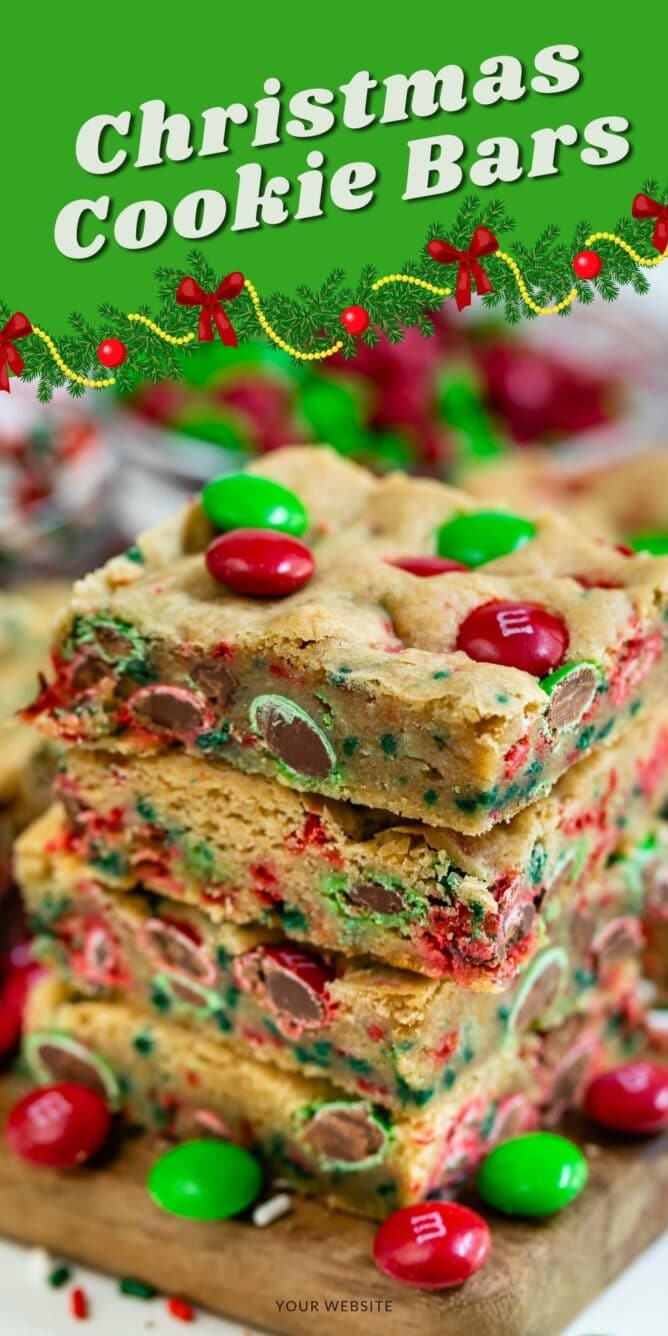 Stack of christmas cookie bars with m&ms around them with green colorblock and recipe title on top of image