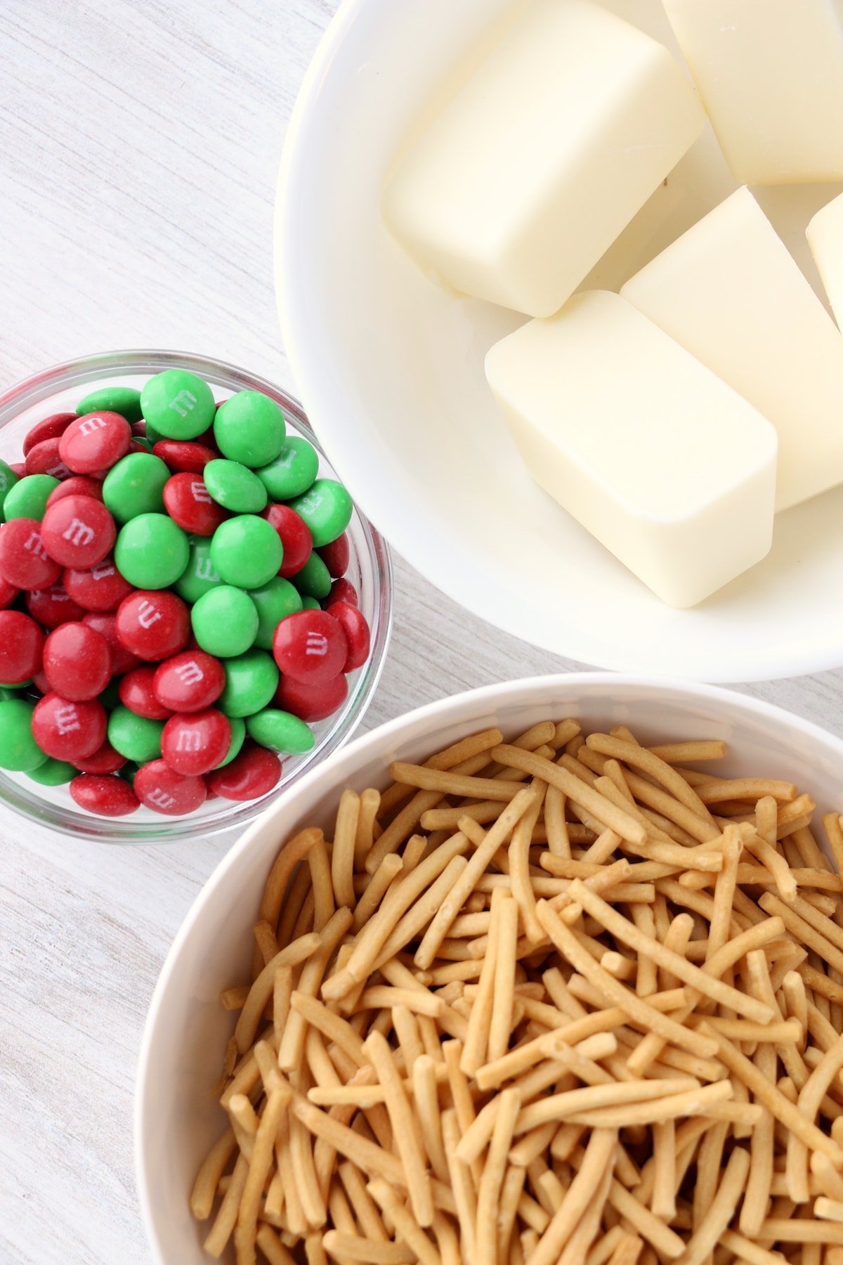 Overhead view of ingredients used in holiday haystacks