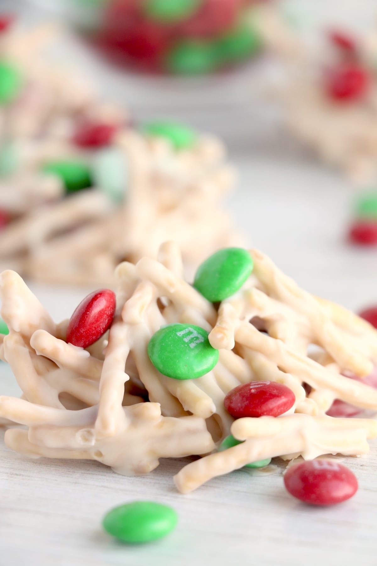 Close up side shot of holiday haystacks on parchment paper