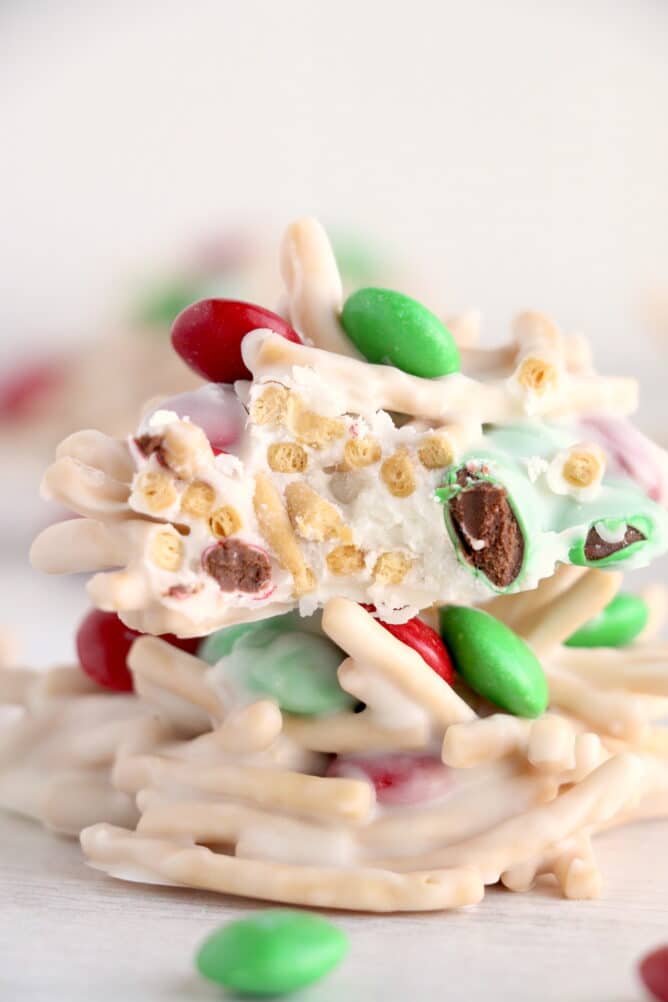 Close up side shot of two holiday haystacks stacked on top of eachother with top one cut in half to show inside