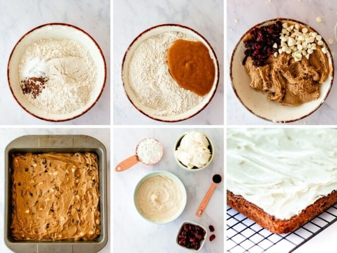 Six photo collage showing the process of making cranberry bliss bars