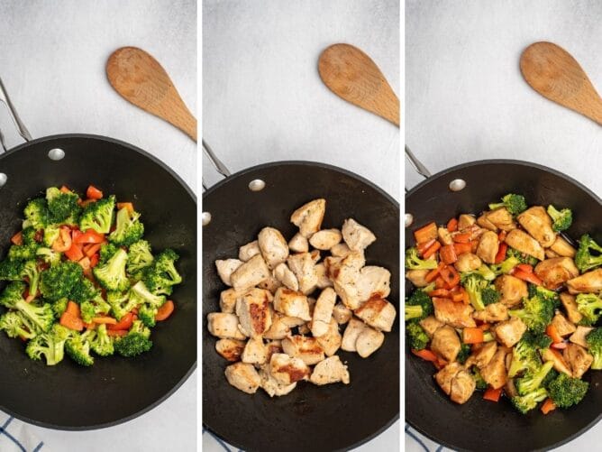 Three photo collage showing cooking process of chicken teriyaki bowls